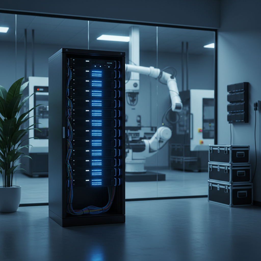 A hyper-detailed server rack with glowing blue status lights and neatly organized cable management, set against a translucent glass wall that reveals the outlines of automated production machinery in the distance. The server rack is surrounded by a clean environment reminiscent of an R&D lab—matte concrete floors, a single leafy plant for contrast, and tidy, labeled equipment cases. Cool, subdued ambient lighting creates an engineered, futuristic atmosphere, with the server’s LED lights providing crisp points of visual interest. Framed with an asymmetrical balance from a slightly low angle, this image conveys reliability, advanced connectivity, and seamless ERP-machine integration. The style is ultra-modern, with a focus on digital infrastructure.