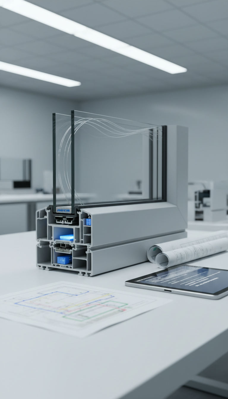 A detailed, realistic render of an aluminum-framed window cross-section with visible embedded digital sensors and precise CAD-generated parts. The window segment is placed on a matte white worktable beside a set of color-coded wiring diagrams and a digital tablet displaying synchronized order data. Bright, cool-toned overhead lighting accentuates the window’s reflective surfaces and the intricate geometry of its internal components, creating sharp, technical highlights and measured shadows. The scene is framed at a direct, eye-level perspective for maximum technical clarity, with a balanced, minimalist composition. The mood is high-tech, clean, and methodical, reinforcing the site's emphasis on engineering precision and digital integration.