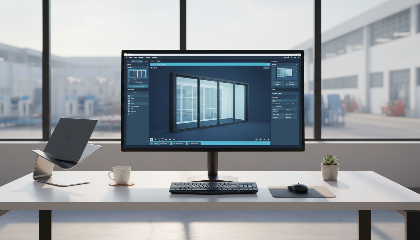 A sleek, high-resolution computer monitor displaying a sophisticated window and door configuration interface, with crisp vector graphics and modular design elements in shades of blue and slate gray. The monitor sits atop a minimalist white desk flanked by modern office accessories, in a bright workspace with large, clean windows overlooking a blur of factory equipment. Soft, diffuse afternoon sunlight fills the scene, subtly reflecting on smooth surfaces and casting gentle shadows. The overall mood is focused and professional, capturing efficiency and innovative spirit. The composition uses a slightly elevated angle with a centered arrangement, emphasizing clarity and order. The style is clean, modern, and visually streamlined, embodying advanced software solutions for the manufacturing industry.